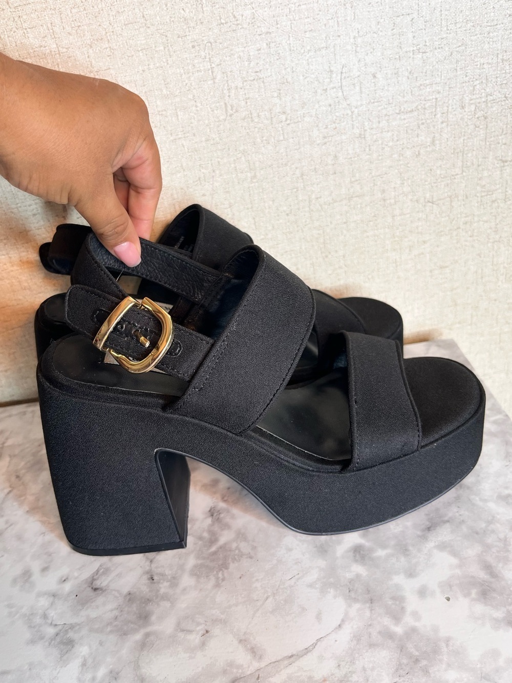 Steve Madden Black Platform Block Heel Sandals with Gold Buckle